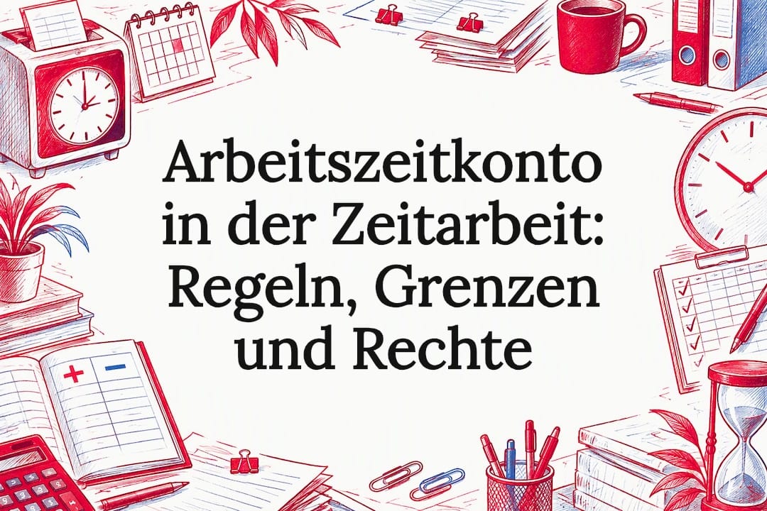 Skizzierte Elemente der Zeiterfassung umrahmen den Titel